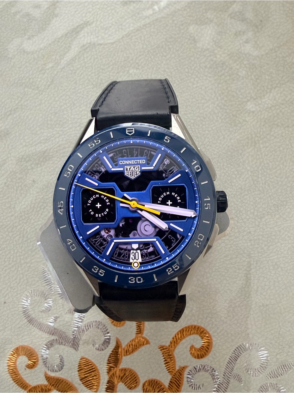 Tag Heuer Smartwatch Blue Dial with Black Strap and Yellow Accent